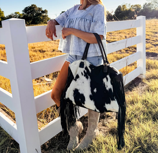 XL Duffle Bag - Leather HairOn Cowhide Travel Weekender: Black +White Cowhide