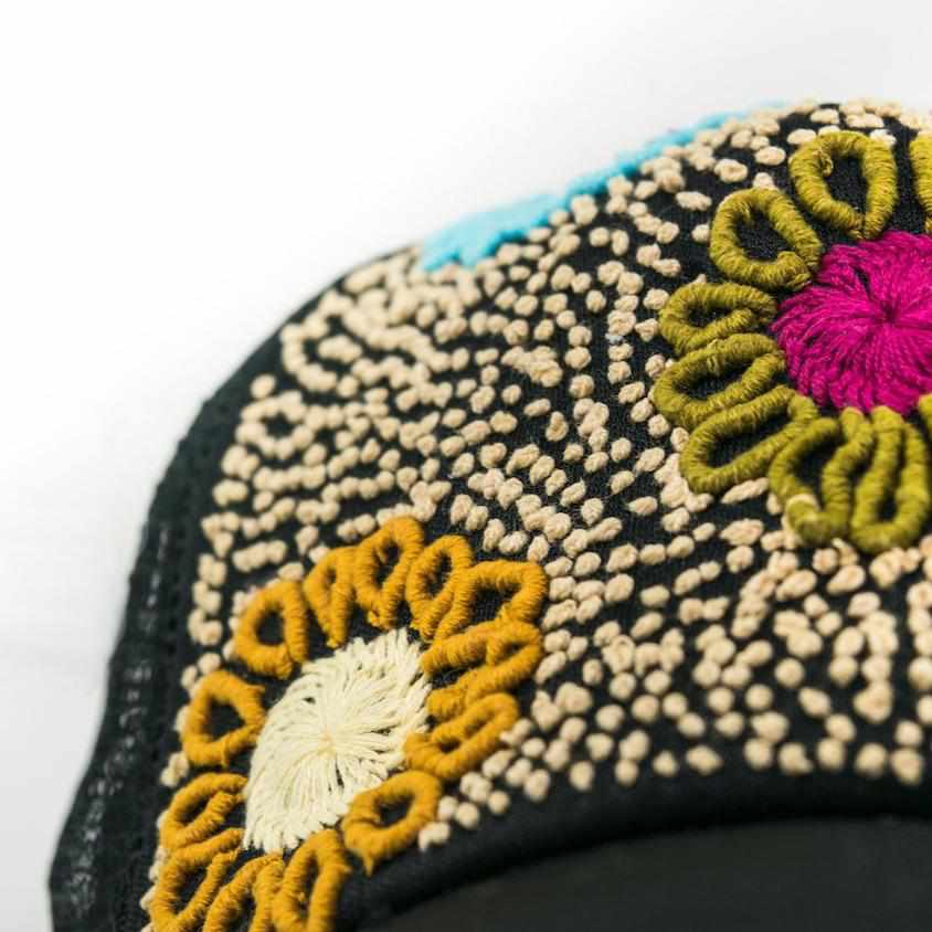 Tulum Hand Embroidered Trucker Flower Hat - Mexico: Black