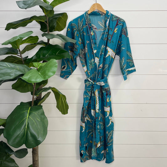 Women's Cotton Kimono Robe | Block Printed | Sapphire Safari