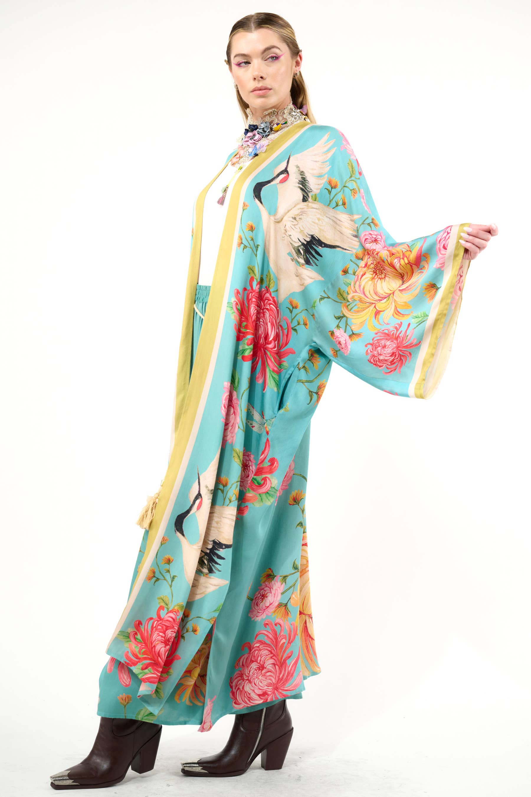 The Legend of the Crane Maxi Kimono  / Topper : Vintage Emerald / One Size