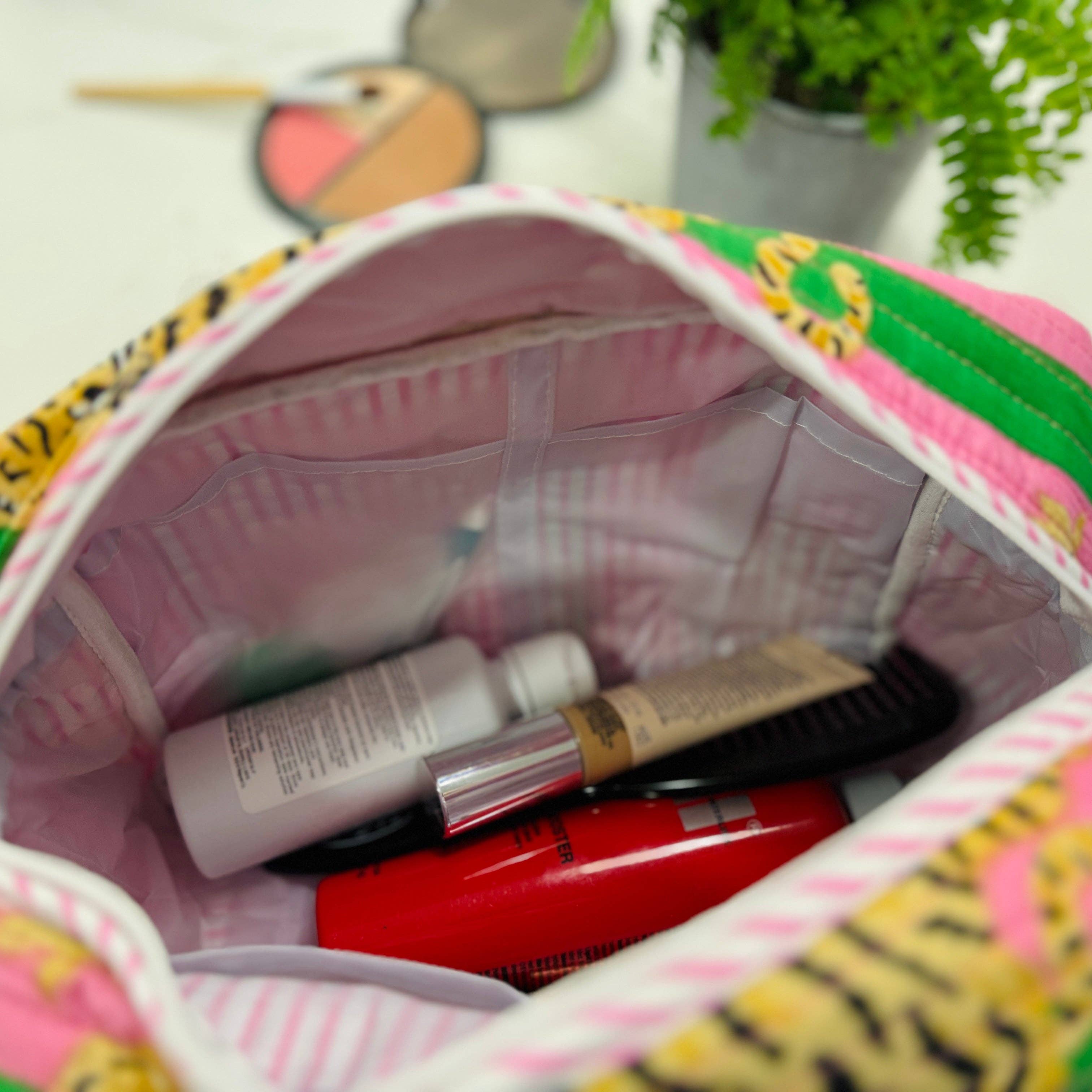 Scalloped Makeup Travel Toiletry Bag | Pink Green Tiger Stripe