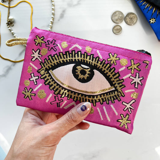 Handmade Boho Coin Purse - Pink Stars