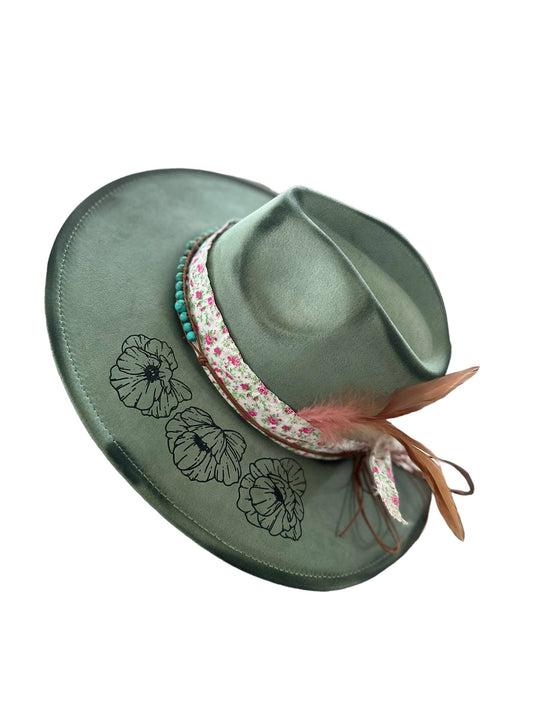 Floral Revolver Burnt Hat Rancher Cowboy: Sage FULLY DECORATED