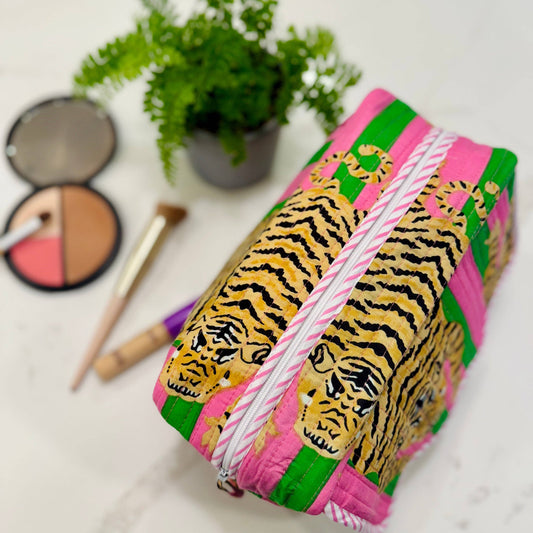 Scalloped Makeup Travel Toiletry Bag | Pink Green Tiger Stripe