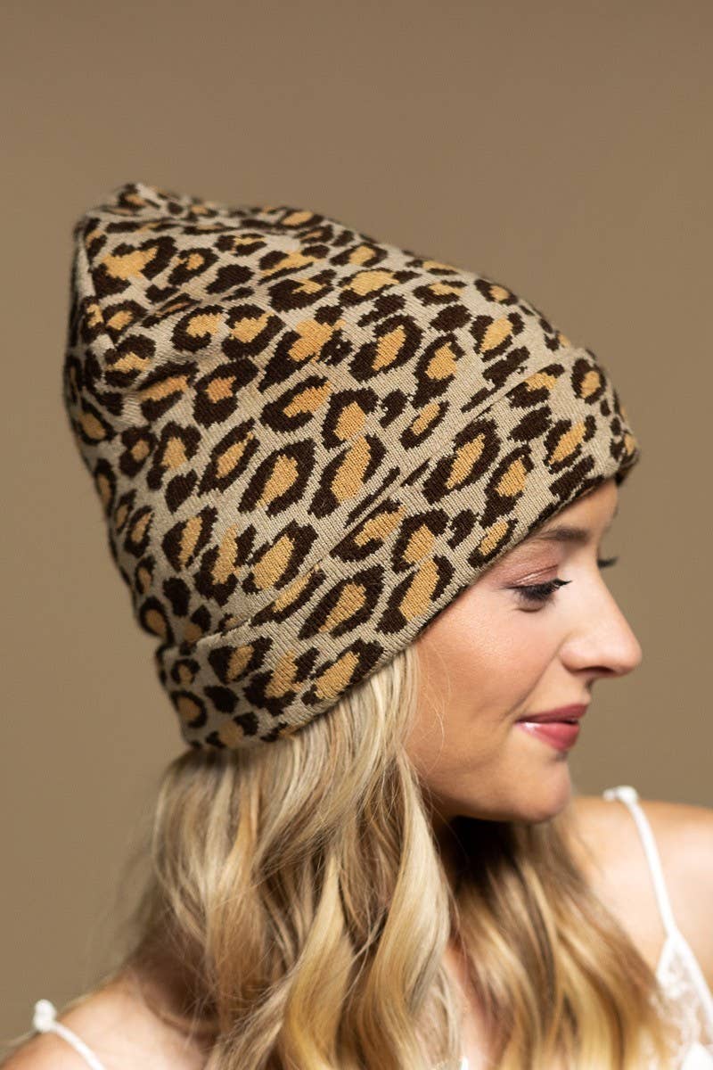 Leopard Print Knit Beanie: Charcoal