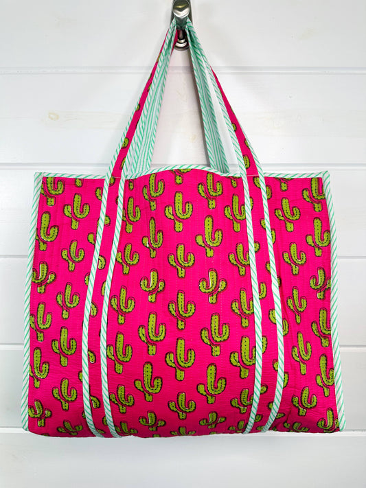 Handmade Quilted Cactus Print Tote | Large Cotton Tote Bag