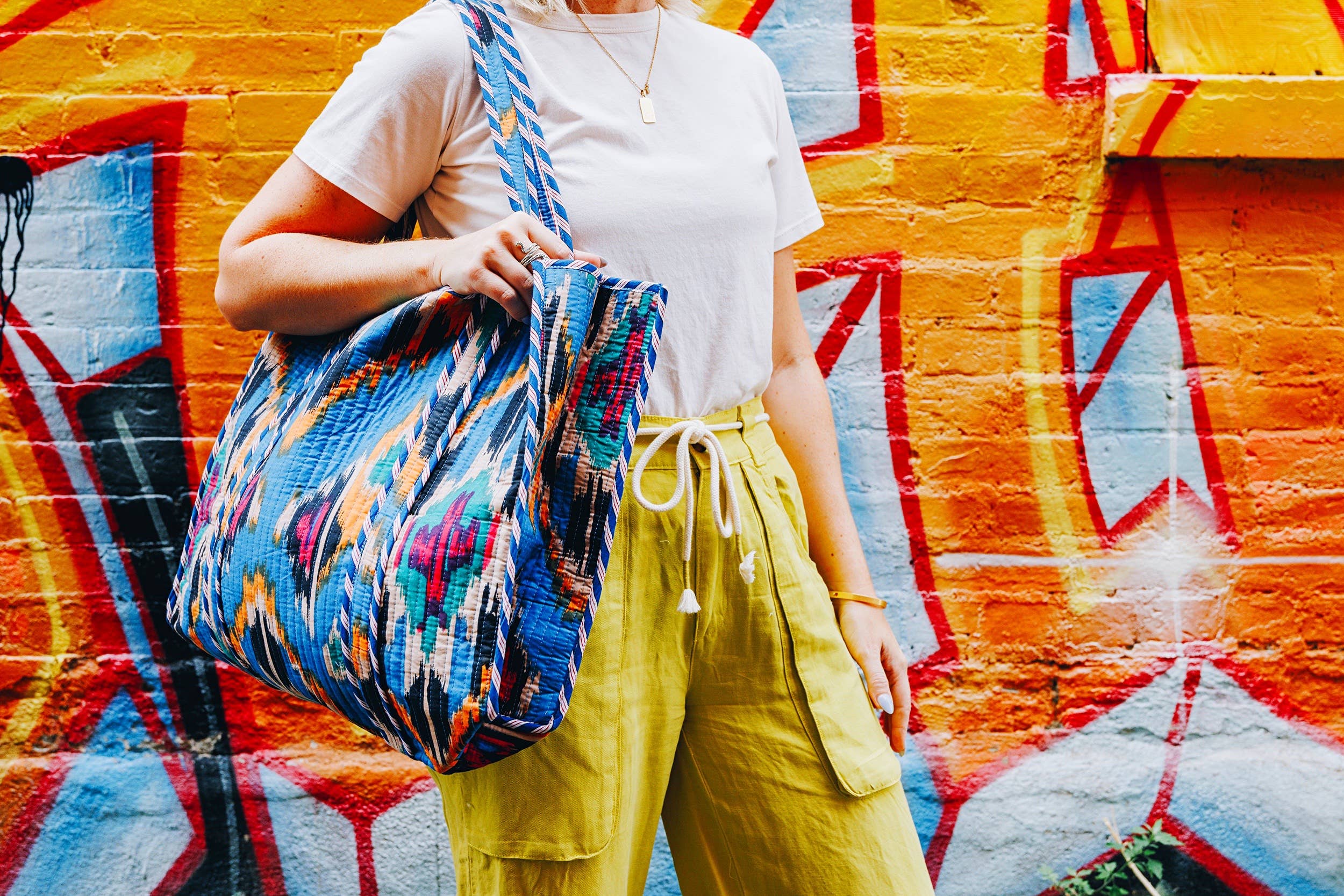 Quilted Tote Bag | Blue Ikat Tote | Large Shopping Tote Bag