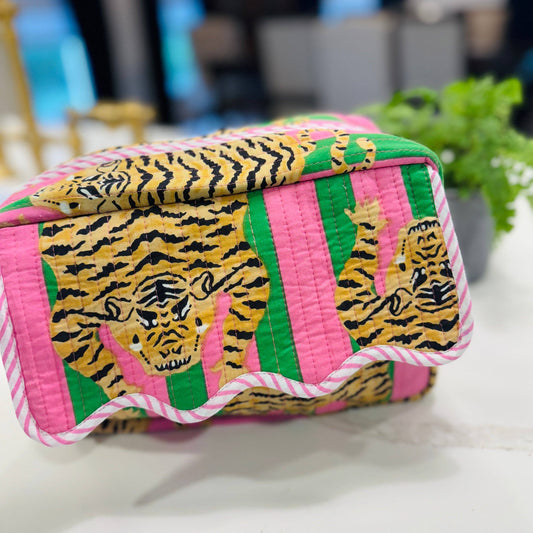 Scalloped Makeup Travel Toiletry Bag | Pink Green Tiger Stripe