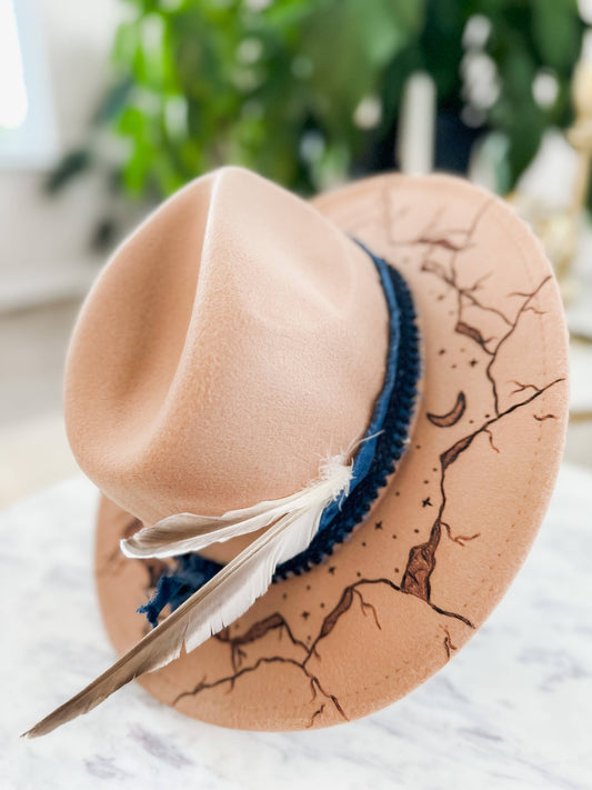 Hand Burnt Mountain Cowboy Hat| Moon Stars| Fedora: Tan / Rancher Hat