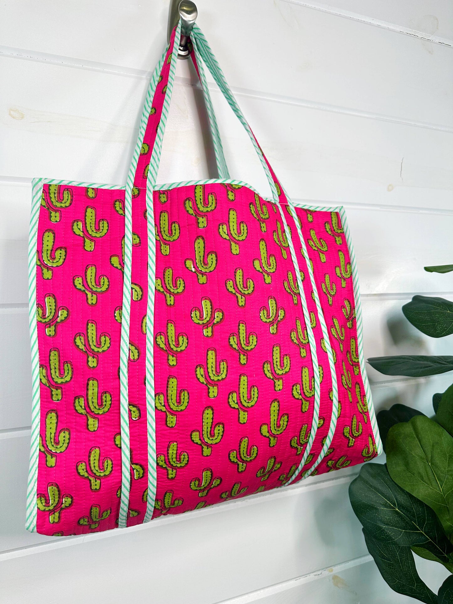 Handmade Quilted Cactus Print Tote | Large Cotton Tote Bag