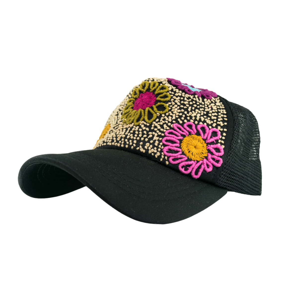 Tulum Hand Embroidered Trucker Flower Hat - Mexico: Black