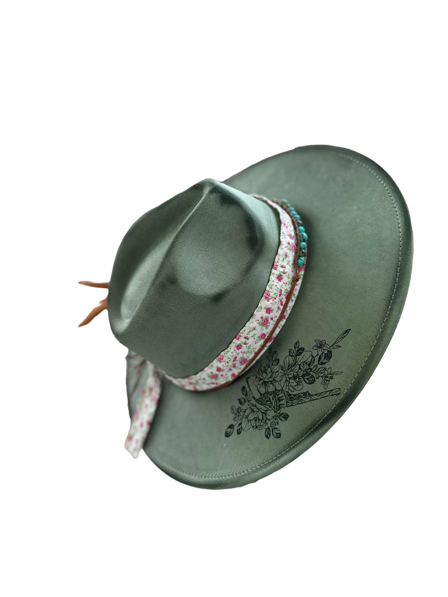 Floral Revolver Burnt Hat Rancher Cowboy: Sage FULLY DECORATED