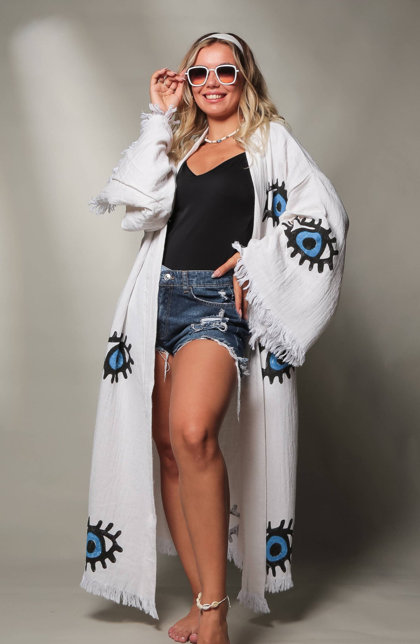 Blue Evil Eye Long Kaftan Kimono: Long Kimono