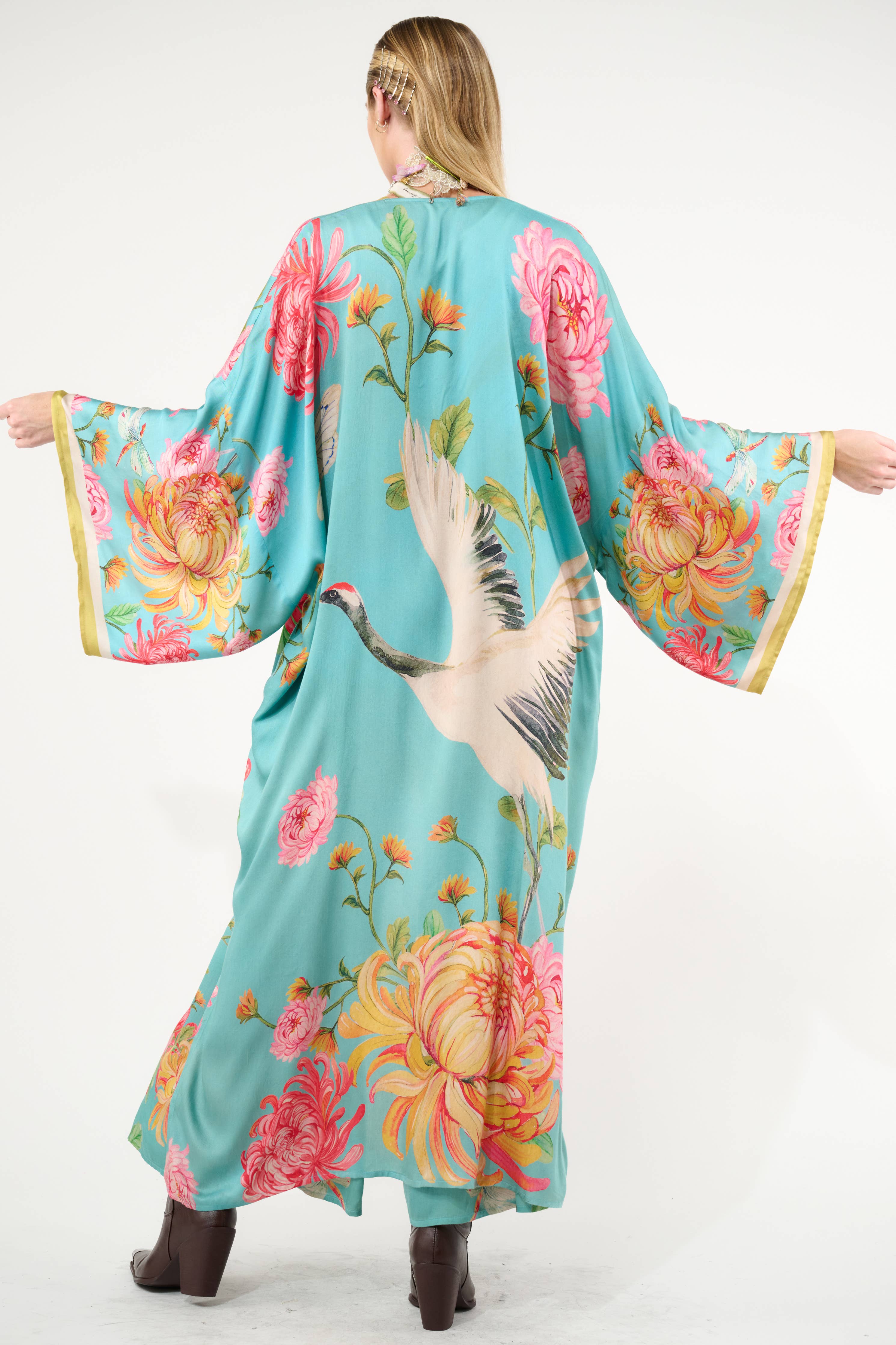 The Legend of the Crane Maxi Kimono  / Topper : Vintage Emerald / One Size