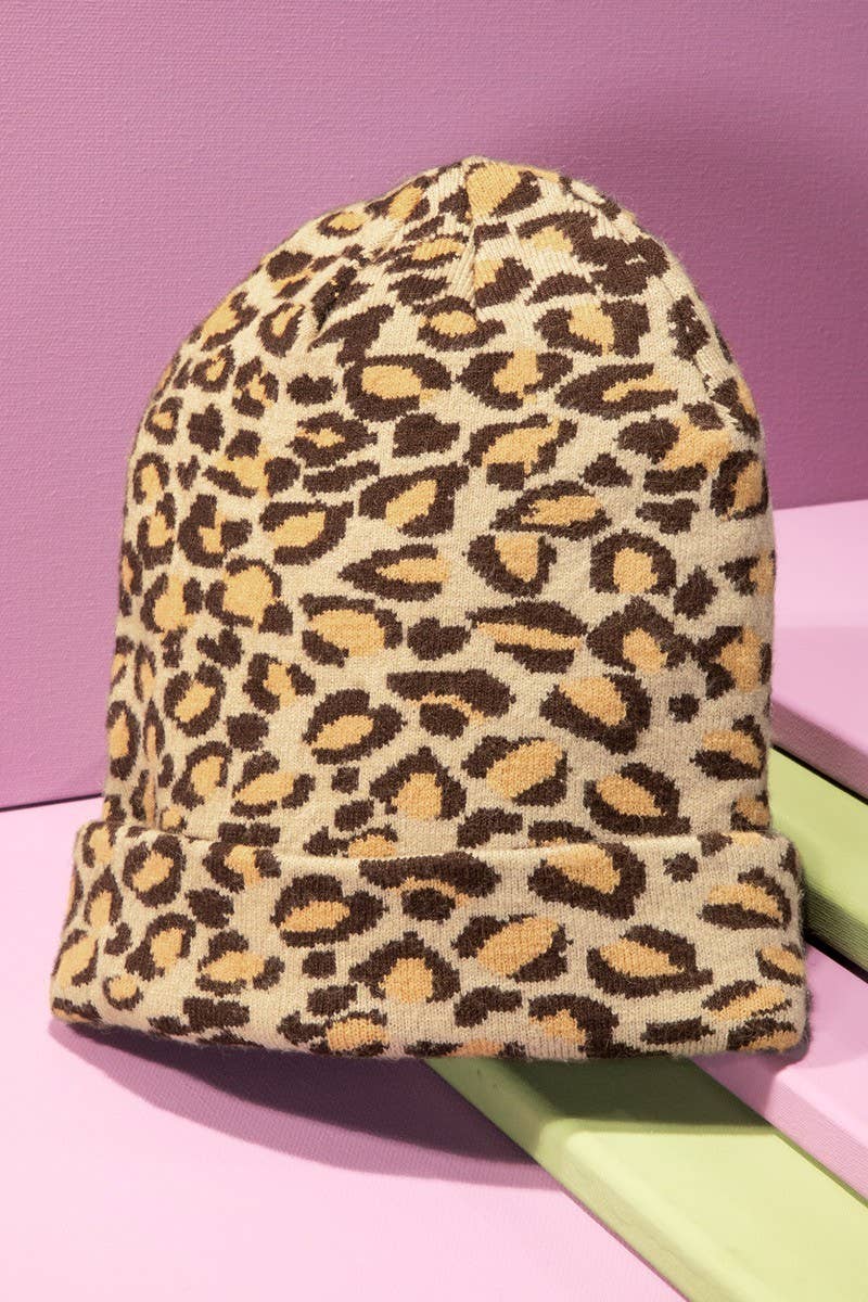 Leopard Print Knit Beanie: Charcoal