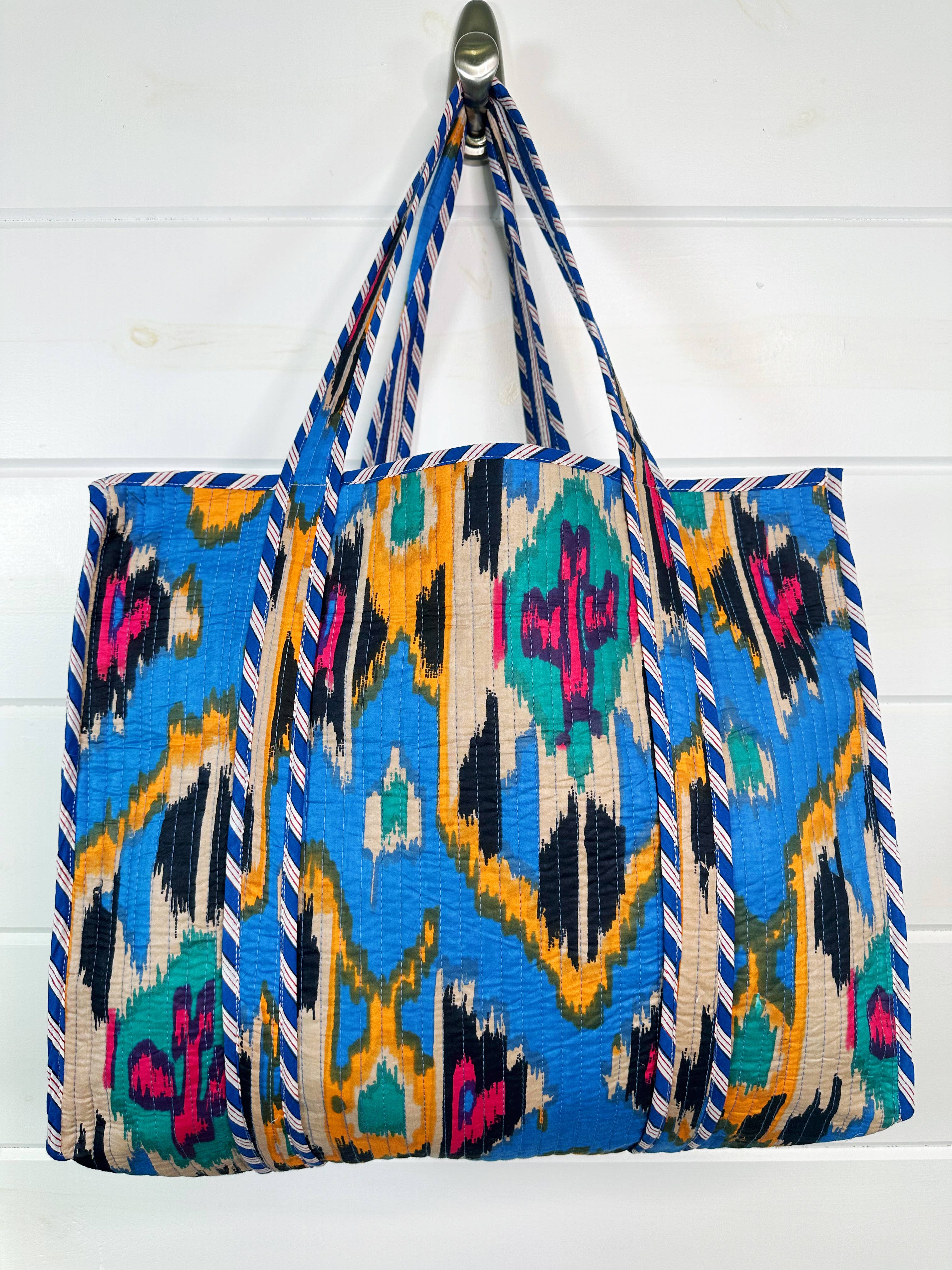 Quilted Tote Bag | Blue Ikat Tote | Large Shopping Tote Bag