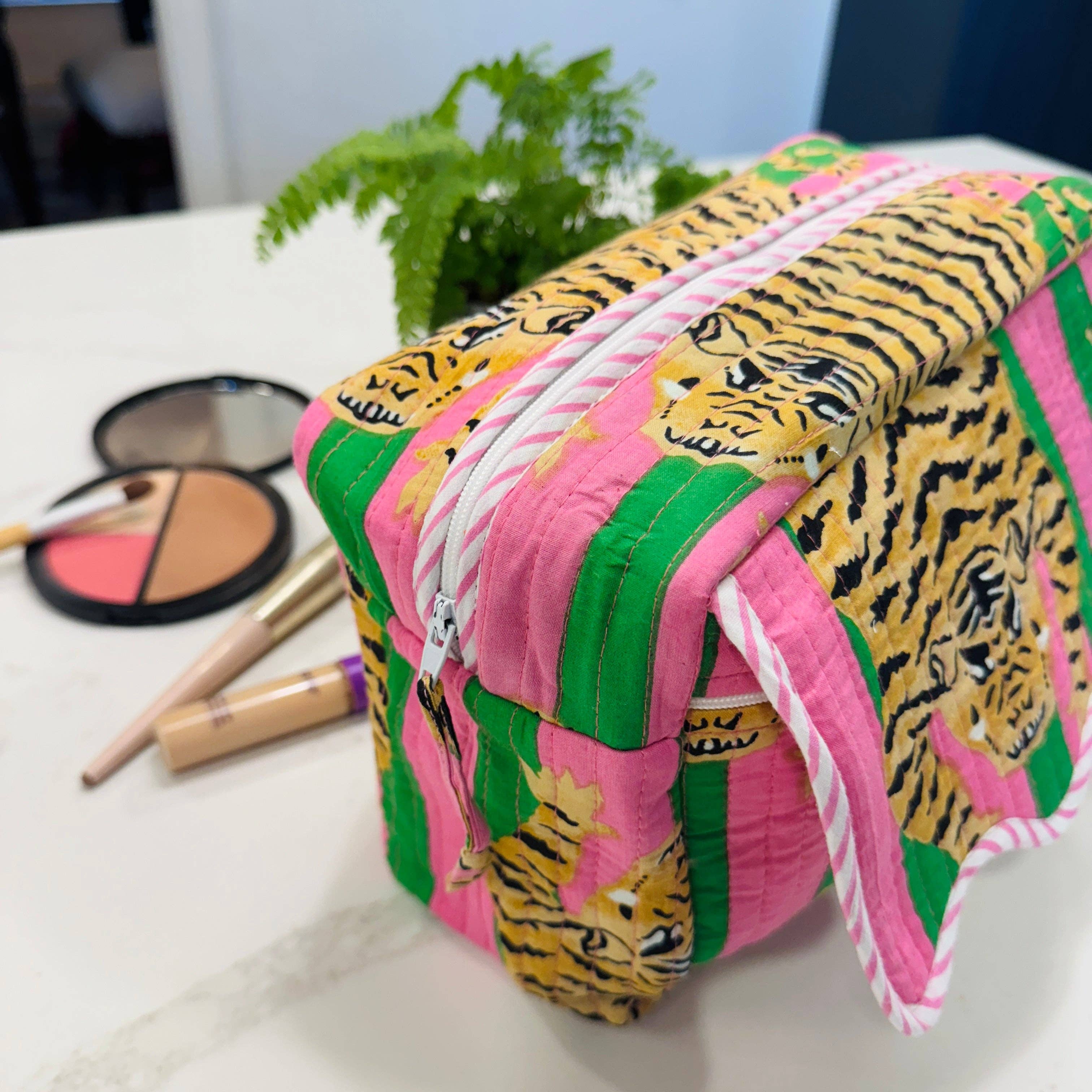 Scalloped Makeup Travel Toiletry Bag | Pink Green Tiger Stripe