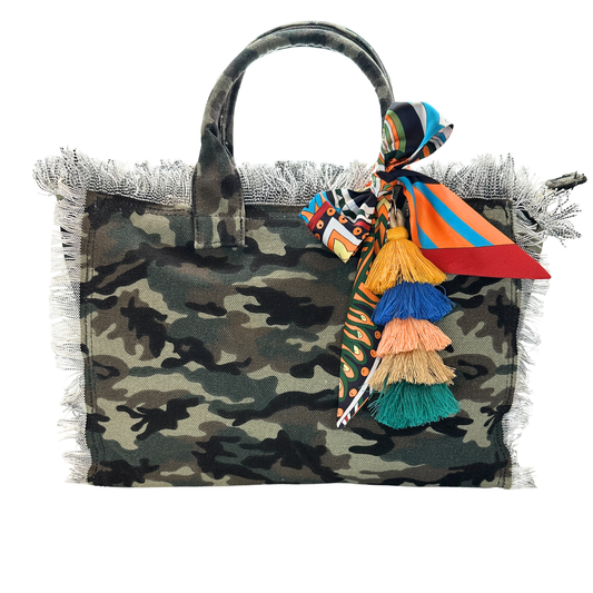 Fringe Tote Bag in Camo with Scarf and Tassel