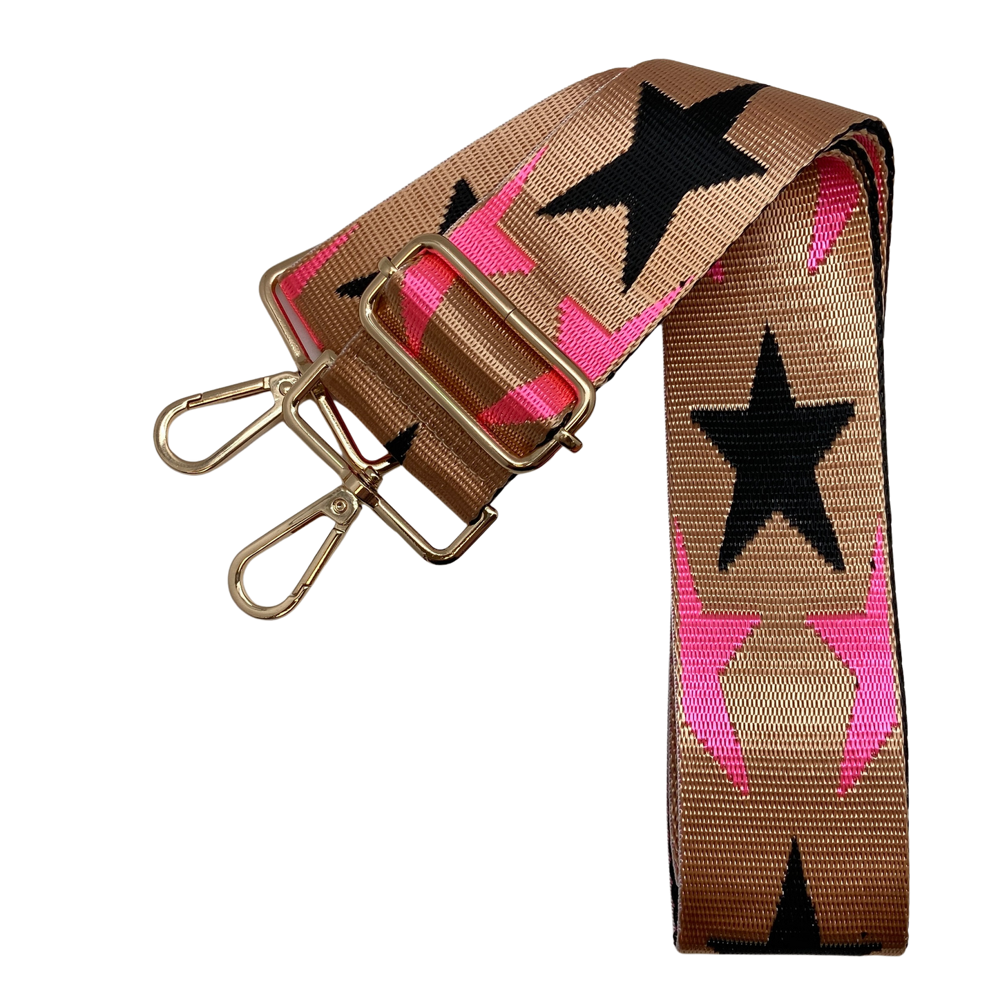 Messenger Bag Strap - Lone Star: Tan Background, Hot Pink and Black Stars / Gold