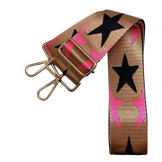 Messenger Bag Strap - Lone Star: Tan Background, Hot Pink and Black Stars / Gold